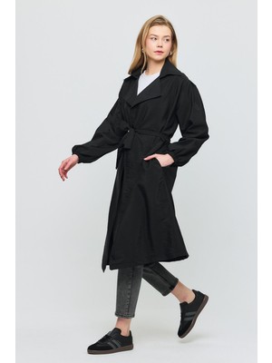 4579A Kuşaklı Kol Lastikli Trençkot Siyah