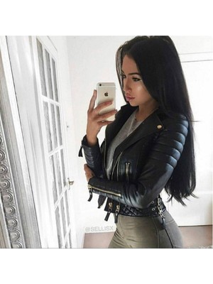 Hakiki Kuzu Derisi Siyah Bel Işlemeli Kadın Ceket