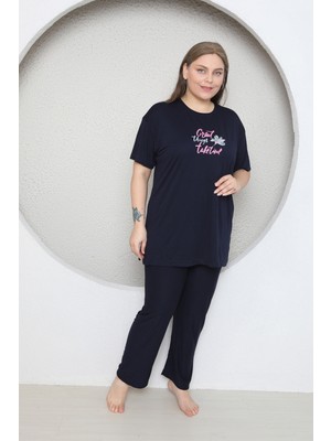 Büyük Beden Likralı Ring Viskon Kısa Kol Yazlık Pijama Takım