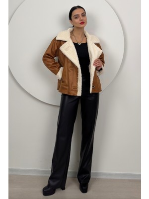 Dolcha Kadın Kürklü Kaban Peluş ve Suni Deri Malzeme ile Şık Tasarım Midi Boy