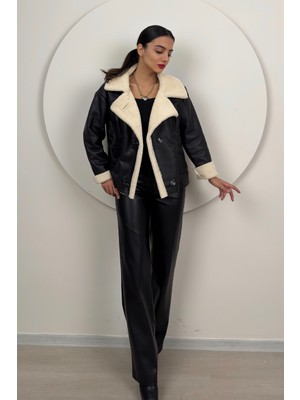 Dolcha Kadın Oversize Peluş Siyah Kaban Suni Deri Detaylarla Şık ve Konforlu