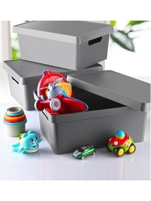 HANE216  3'lü 10 Lt Kapaklı Kutu- ANTRASİT - GRİ