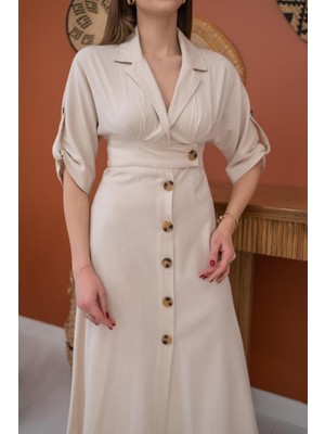 Bej Düğmeli Keten Elbise
