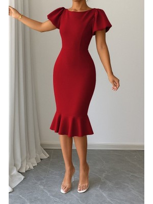 Kadın Kısa Kollu Yuvarlak Yaka Pileli Janjan Krep Elbise