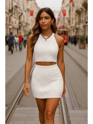 Demir Grup cc Kadın Sıfır Kol Crop Mini Etek Ikili Triko Takım