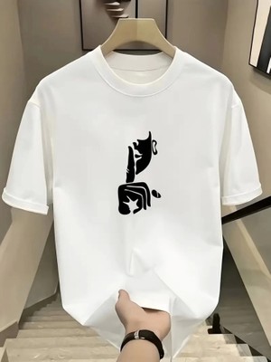 Rahat Bisiklet Yaka Tişört, Yaratıcı Karikatür Baskı - Yumuşak Polyester, Her Mevsim Giyilebilir- Beyaz