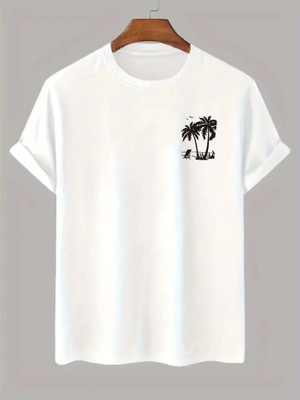 Baskılı Oversize Bisiklet Yaka T-Shirt - Beyaz