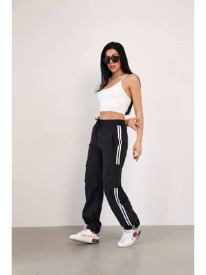 Praşut Kumaş Kargo Çeplı Baggy Esofman - Siyah