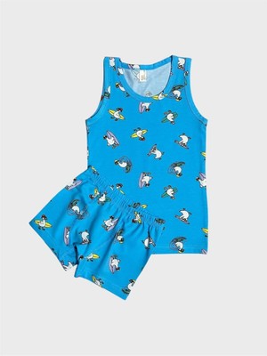 Erkek Çocuk Pamuklu Mavi Ördek Kaykay Desenli Atlet Boxer Takımı