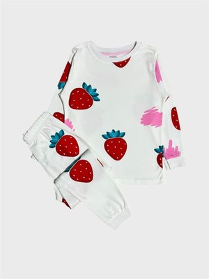 Kız Çocuk %100 Pamuklu Beyaz Çilek Desenli Uzun Kollu Pijama Takımı