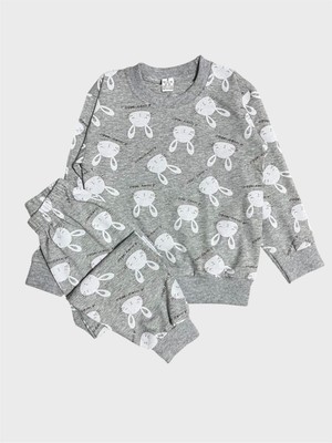 Kız Çocuk Pamuklu Gri Tavşan Desenli Uzun Kollu Mevsimlik Pijama Takımı