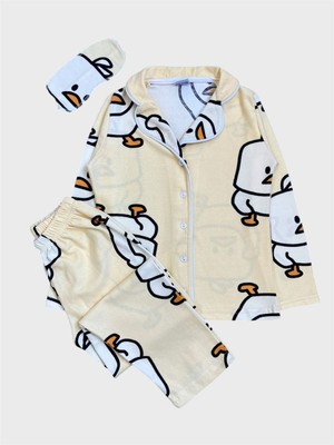 Kız Çocuk Pamuklu Kumaş Süet Sarı Civciv Desenli Uyku Bantlı Biyeli Gömlek Yaka Pijama Takımı