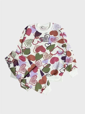 Kız Çocuk Pamuklu Beyaz Pembe Kalp Desenli Uzun Kollu Mevsimlik Pijama Takımı