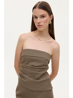 Asimetrik Drapeli Straplez Bluz Kahverengi