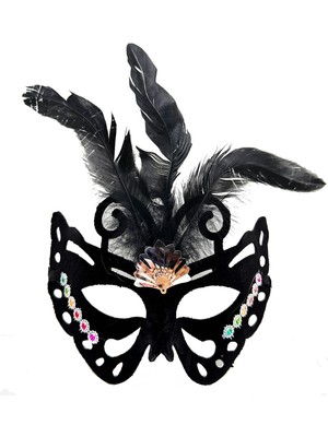 Siyah Renk Siyah Süet Kaplama Tüylü Kelebek Figür Parti Maskesi 24X18 cm (5250)