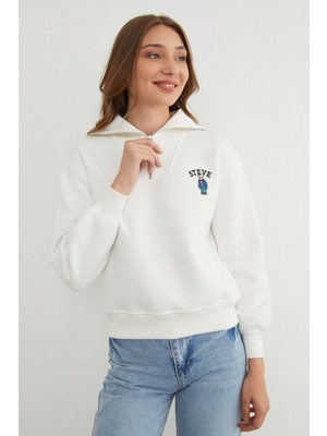 3 Iplik Ayıcık Nakışlı Yarım Fermuarlı Sweatshirt
