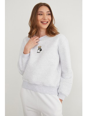 3 Iplik Ayıcık Nakışlı Bisiklet Yaka Sweatshirt