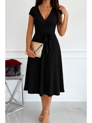 Alinn Butikk Kadın Kısa Kollu V Yakalı Belden Kuşaklı Maksi Boy Viskon Elbise