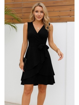 Melenza Kadın Kolsuz Kruvaze Yakalı Belden Kuşaklı Janjan Krep Elbise