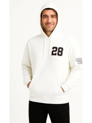 Üç Iplik Kapüşonlu Ön ve Arka Baskılı Sweatshirt Hoodie - Beyaz