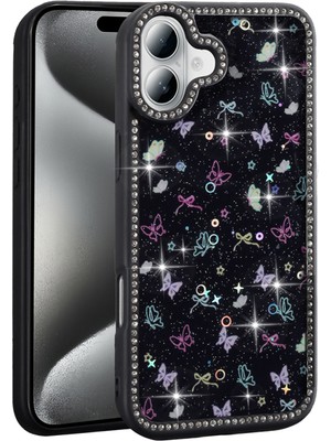 iPhone 16 Plus Kılıf Mini Desenli Taşlı ve Simli Sert Premium Siikon Kapak Royal Case/azra