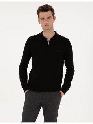 Pierre Cardin Erkek Siyah Slim Fit Polo Yaka Fermuarlı Basic Triko Kazak 50314191-VR046
