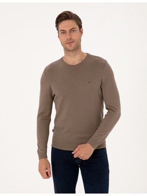 Pierre Cardin Erkek Vizon Melanj Slim Fit Bisiklet Yaka Basic Triko Kazak 50314192-VR174