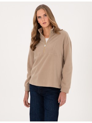 Pierre Cardin Kadın Bej Comfort Fit Fermuarlı Polar Sweatshirt 50314954-VR011