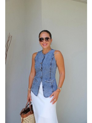 Mavi Taşlamalı Denim Yelek