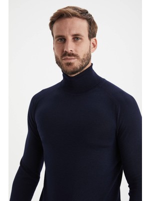 Hemington Boğazlı Slim Fit Merino Yün Lacivert Triko