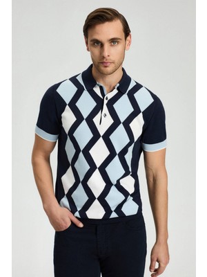 Hemington Lacivert Beyaz Baklava Desen Triko Polo