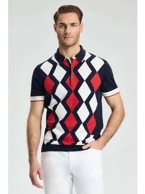 Hemington Lacivert Kırmızı Baklava Desen Triko Polo