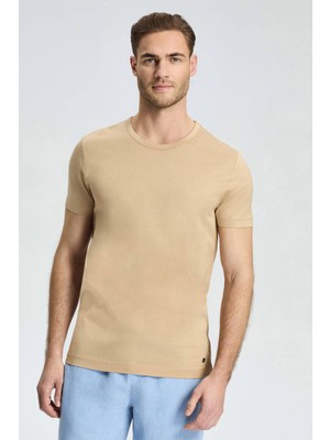 Hemington Bisiklet Yaka Kum Rengi Basic T-Shirt