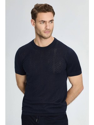 Hemington Ajur Örgü Detaylı Bisiklet Yaka Lacivert T-Shirt