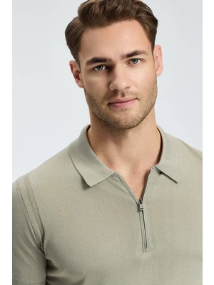 Ipek Pamuk Karışım Fermuar Detaylı Yeşil Triko Polo