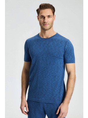 Bisiklet Yaka Saf Pamuk Koyu Mavi Triko T-Shirt