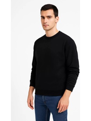 Erkek Üç Iplik Düz Bisiklet Yaka Sweatshirt - Siyah