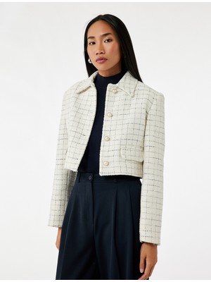 Inci Düğme Detaylı Kareli Kruvaze Uzun Kollu Tüvit Crop Ceket