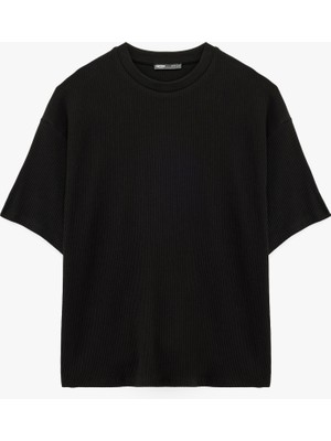 Oversize Kısa Kollu Fitilli Tok Kumaş Bisiklet Yaka Pamuklu Tişört