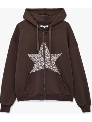 Şardonlu Fermuarlı Kapüşonlu Kanguru Cepli Leopar Baskılı Oversize Sweatshirt