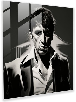 Popcas Scarface Melankolik Portre Cam Tablo - Ev Dekorasyonu Siyah Beyaz Portre