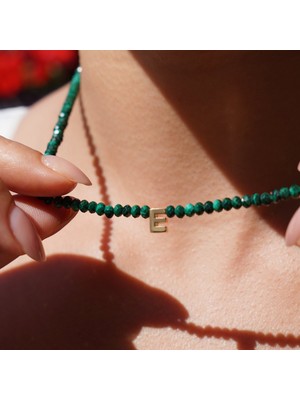 Nox Jewelry 14K Altın Kaplama Doğal Malakit Taşlı Harf Detaylı Choker Gümüş Kolye - NGS00116
