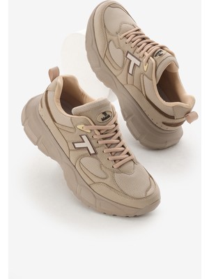 Unisex Bej Yüksek Faylon Taban Nefes Alabilen Kumaş Bağcıklı Spor Ayakkabı