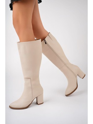 Uzun Kadın Fermuarlı Cilt Çizme - Kadın Nut Long Fermuarlı Deri Çizme, Bej Topuklu Günlük Çizme
