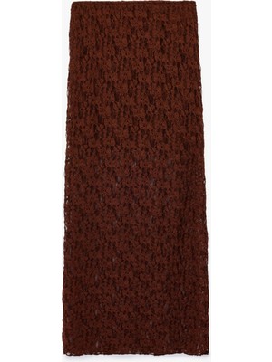 Slim Fit Yüksek Bel Dantel Midi Kalem Etek