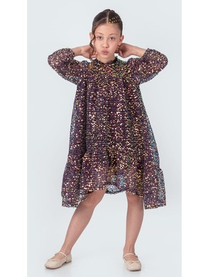 Mnk Baby & Kids Likio Vintage Payet Kız Çocuk Abiye Uzun Kol Midi Düğün İçin Trend Tasarım