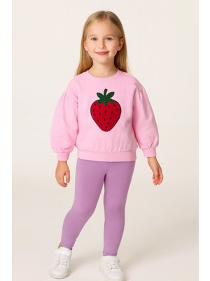 Kız Çocuk Bisiklet Yaka Uzun Kollu Pembe Çilek Desenli Rahat Kalıp Sweatshirt - Kız Çocuk Sweatshirt