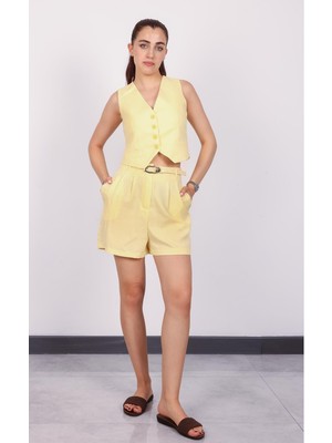 Kadın Sarı Düğmeli Keten Yelek