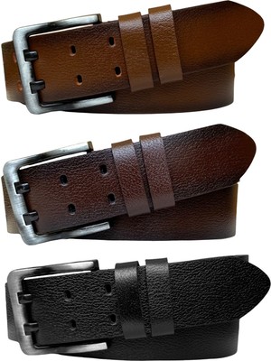 %100 Hakiki Deri, Çift Dilli 3'lü Set 4.5 cm Kot Kemeri Siyah, Koyu Kahverengi, Tosado=3.lü-Çift.dl