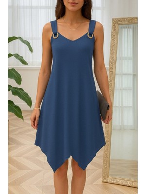 Kadın Askılı Yuvarlak Yaka Kuş Gözü Detaylı Asimetrik Viskon Elbise